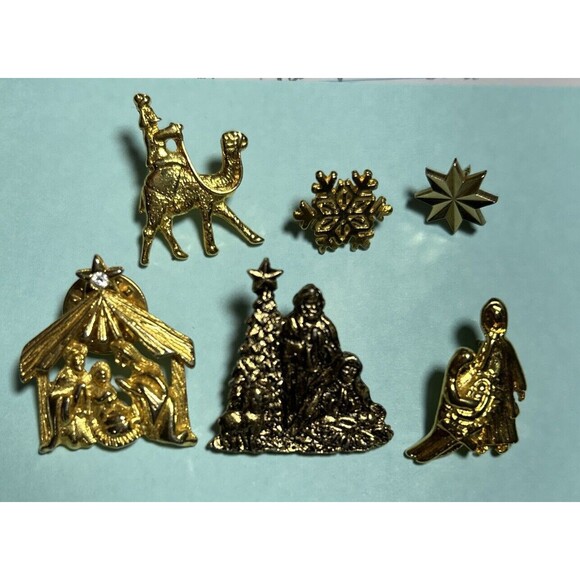 6 Christmas Pins Nativity Scenes, Magi ,Star S-Gold Tone Pins & Tie Tack - Picture 2 of 4